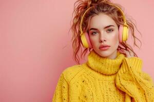 AI generated woman with headphones and headphones on a pink background photo