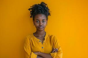 AI generated young black woman with arms crossed on a yellow background photo