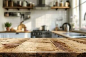 AI generated wood kitchen counter with blurred white background photo