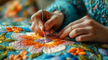 AI generated woman embroiders a flower with multi-colored threads photo