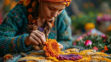 AI generated woman embroiders a flower with multi-colored threads photo