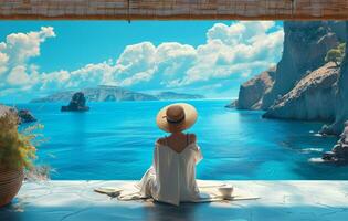 AI generated woman enjoying sea and water in the island of santorini photo