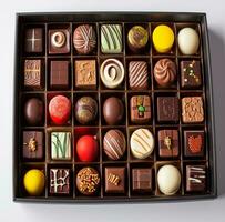 AI generated different chocolates in a box or boxed gift, classical symmetry, emotive composition, photo