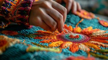 AI generated woman embroiders a flower with multi-colored threads photo