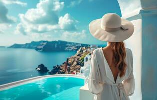 AI generated woman enjoying sea and water in the island of santorini photo
