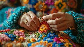 AI generated woman embroiders a flower with multi-colored threads photo