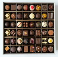 AI generated different chocolates in a box or boxed gift, classical symmetry, emotive composition, photo