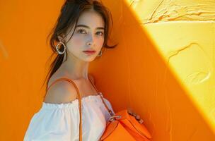 ai generado un hermosa joven mujer es posando con un naranja bolso foto