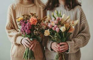 ai generado dos mujer son participación ramos de flores de hermosa flores y sonriente foto