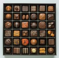 AI generated different chocolates in a box or boxed gift, classical symmetry, emotive composition, photo