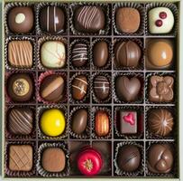 AI generated different chocolates in a box or boxed gift, classical symmetry, emotive composition, photo