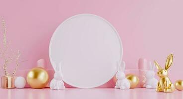 AI generated round white frame and golden bunnies on pink background photo