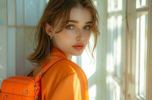 ai generado un hermosa joven mujer es posando con un naranja bolso foto