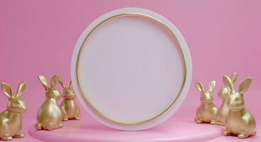 AI generated round white frame and golden bunnies on pink background photo