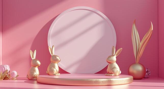 AI generated round white frame and golden bunnies on pink background photo
