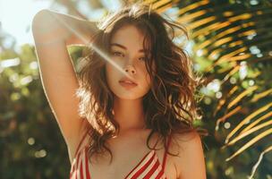 AI generated a beautiful woman wearing a red striped top photo