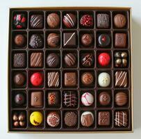 AI generated different chocolates in a box or boxed gift, classical symmetry, emotive composition, photo