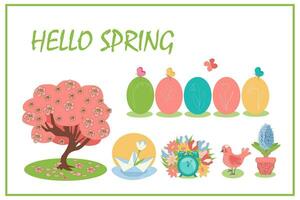 A set of spring vector cartoon elements for the design a blooming tree, a bird, a paper boat with flowers in a puddle, an alarm clock with spring flowers, a crocus in a pot, colored Easter eggs with
