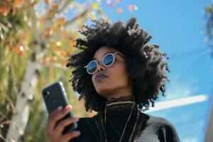 AI generated young afro american woman holding a phone outdoors photo