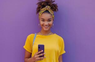 AI generated young woman holding mobile phone in front of purple background photo