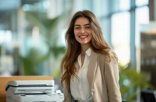 AI generated young businesswomen walking with printer at office desk photo