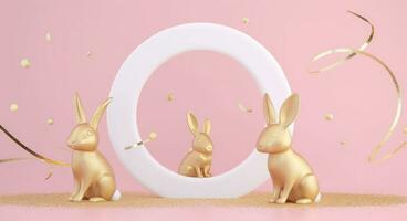 AI generated round white frame and golden bunnies on pink background photo