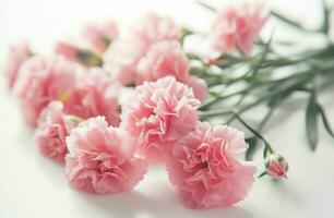 AI generated a bouquet of pink carnations is placed in a frame on white flat photo