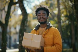 AI generated young african man holding a cardboard box on the street photo