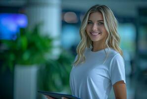 AI generated blonde business woman on tablet and smiling in office photo