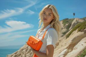 AI generated blond woman modeling orange purse by french brand photo