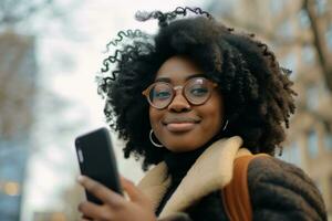 AI generated young afro american woman holding a phone outdoors photo