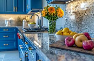 ai generado un cocina con azul armarios y mármol mostrador parte superior foto