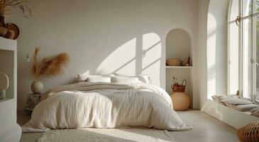 ai generado un cama en el dormitorio con un suave y calentar beige funda Nordica y almohadas foto