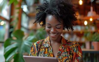 AI generated young black woman looking at a digital tablet while smiling photo