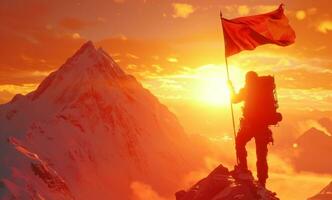 ai generado un hombre es alpinismo a un montaña participación un mochila y bandera foto