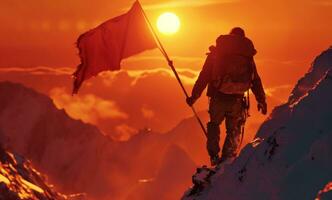 ai generado un hombre es alpinismo a un montaña participación un mochila y bandera foto