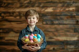 AI generated a kid holding a basket of easter eggs photo