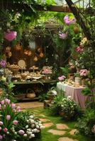 ai generado un lozano jardín adornado con con tema de Pascua decoración, creando un atractivo escena para festivo publicidad foto