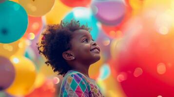 ai generado un pequeño niña es sonriente a el brillante colores de globos foto