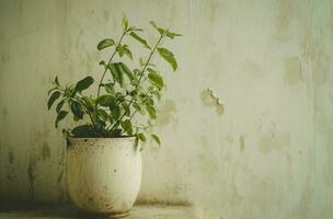 ai generado un crema envase lleno de un planta y algunos verdor, foto