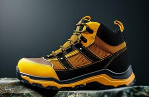 AI generated a pair of yellow and black work shoes on a dark background photo