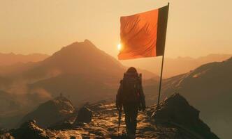 ai generado un hombre en un negro mochila caminando junto a un bandera en un cima de la montaña foto