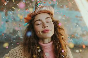 ai generado joven hermosa mujer en confettis en su cumpleaños disfraz celebrar foto