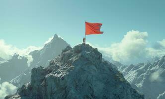 ai generado un persona es en pie en parte superior de un montaña con un rojo bandera foto