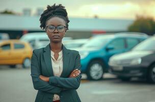 AI generated a person real estate business woman standing in front of car lots photo