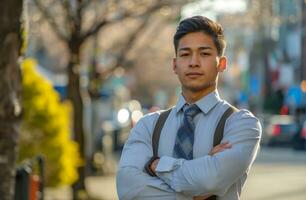AI generated young urban businessman standing on the streets with crossed arms photo