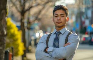 ai generado joven urbano empresario en pie en el calles con cruzado brazos foto