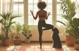 AI generated woman doing yoga and looks at dog photo