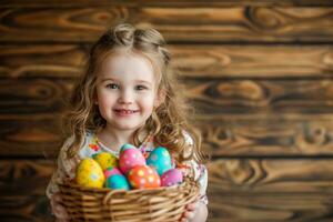 AI generated a kid holding a basket of easter eggs photo