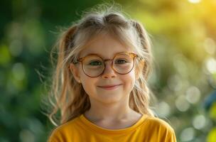 ai generado un pequeño niña en anteojos, sonriente dentro el cámara foto